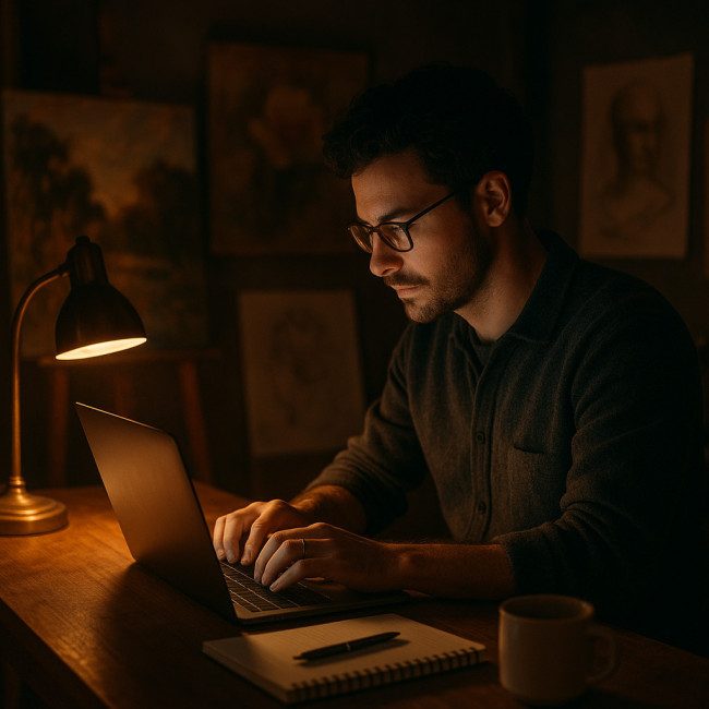 Artist writing follow-up emails in studio