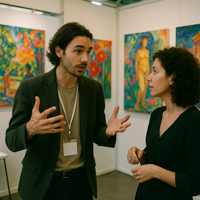 Artist and curator talking inside art fair booth