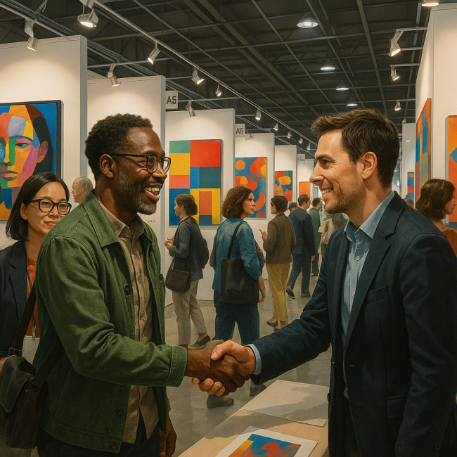 Artist greeting gallery owner at busy art fair