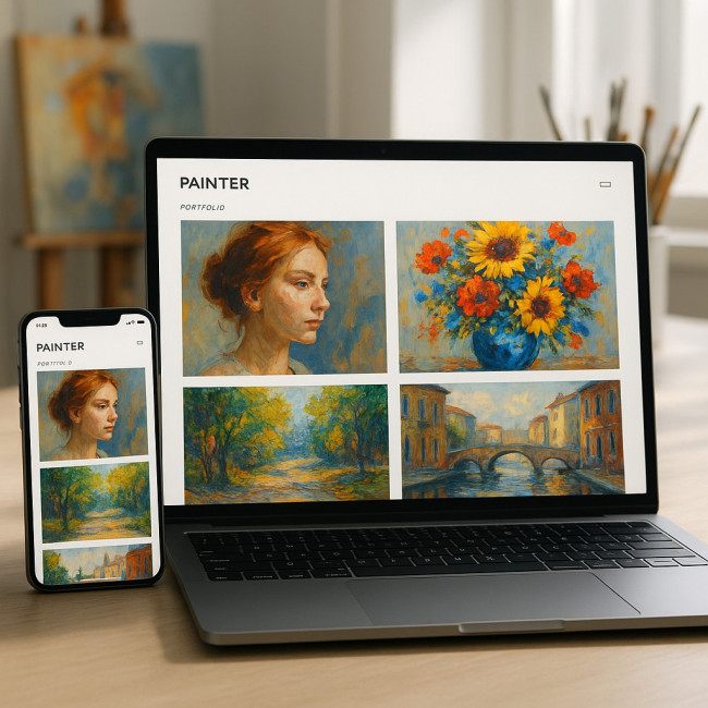 Artist portfolio website showing paintings loading fast