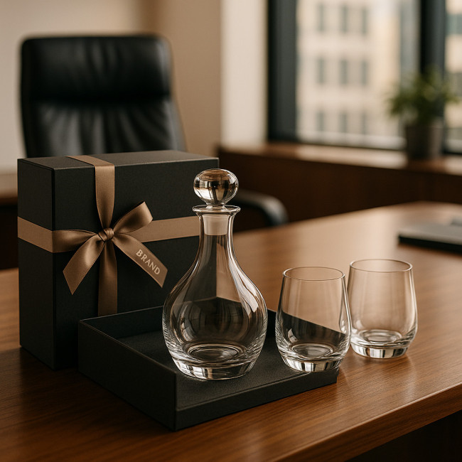Artisan glassware gift set on office desk
