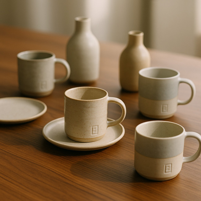 Handcrafted ceramic corporate gifts on a conference table