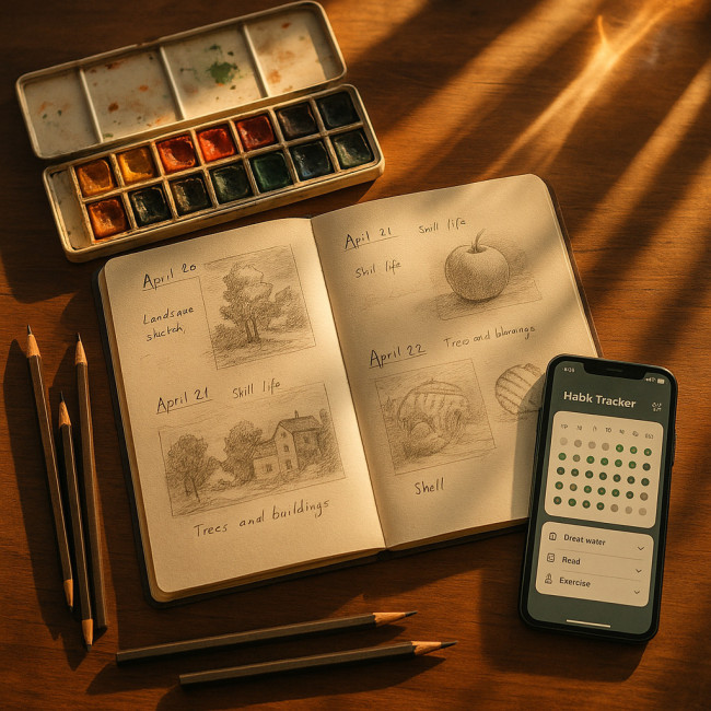 Open sketchbook with art tools on a wooden desk