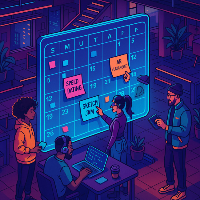 Artists planning 2025 meetup calendar on holographic board