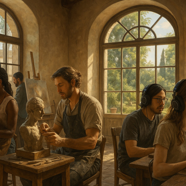 Artists collaborating in a spacious grant-funded residency studio