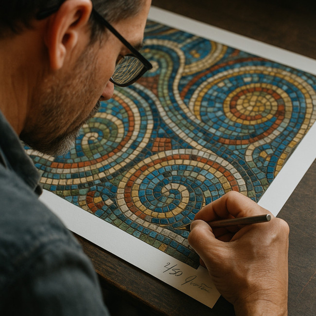 Artist signing a numbered mosaic print for an exclusive launch