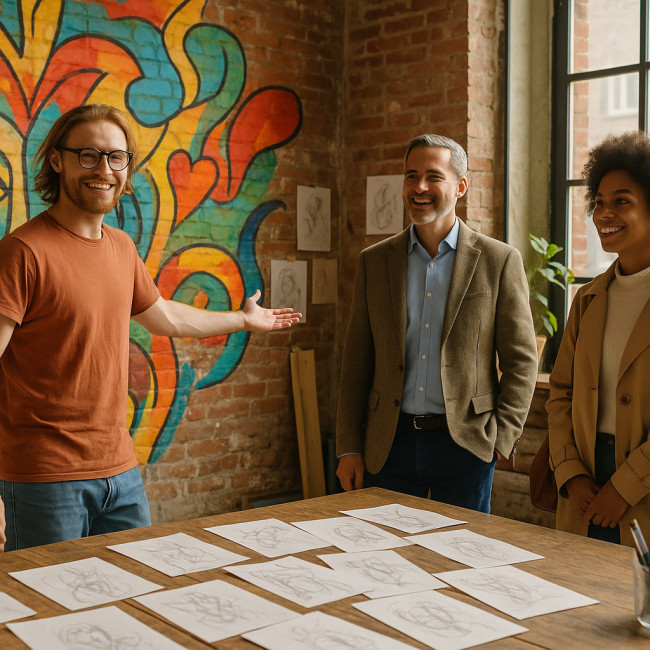 collectors visiting artist studio after charity auction