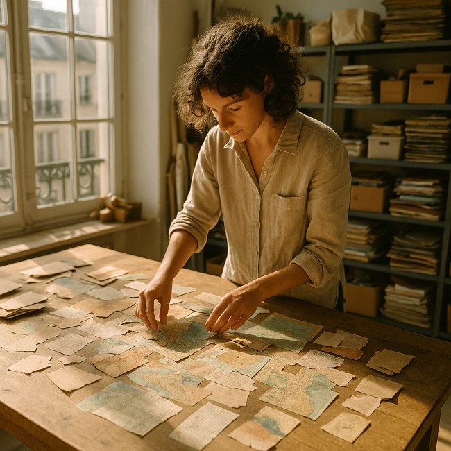 Artist creating eco-friendly collage in studio