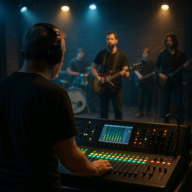 audio engineer performing soundcheck on stage