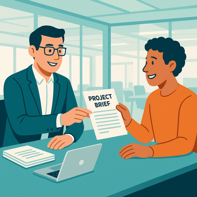 Marketer giving a clear brief to a freelance author