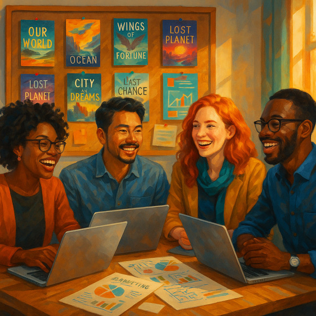 Four authors collaborating on book marketing plans