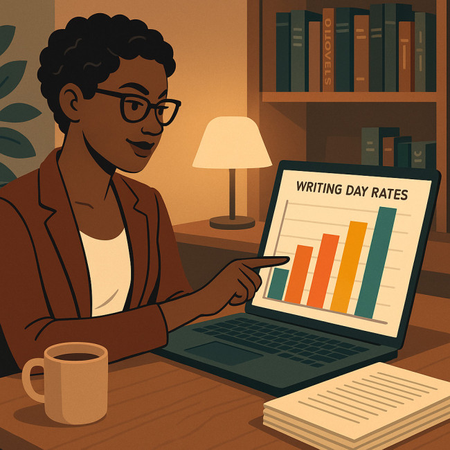 Illustration of an author reviewing a day-rate chart