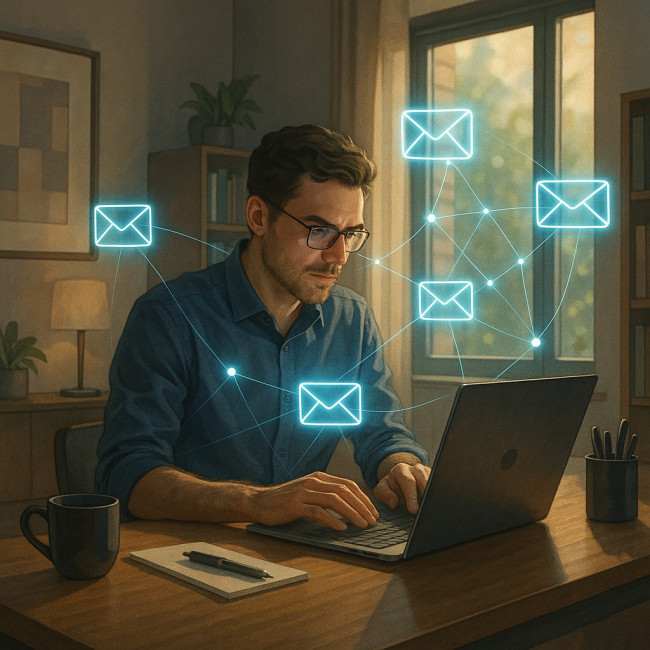 Writer sending timely follow-up emails to new festival contacts