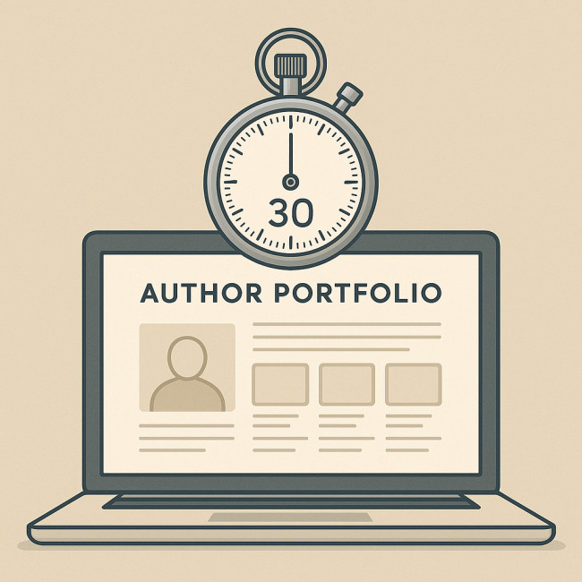 Illustration of stopwatch over author portfolio laptop