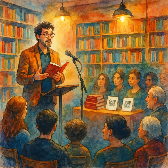 Illustration of an author reading to a bookstore audience