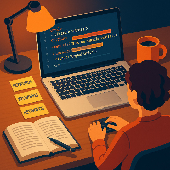 Illustration of an author fine-tuning SEO metadata at a desk
