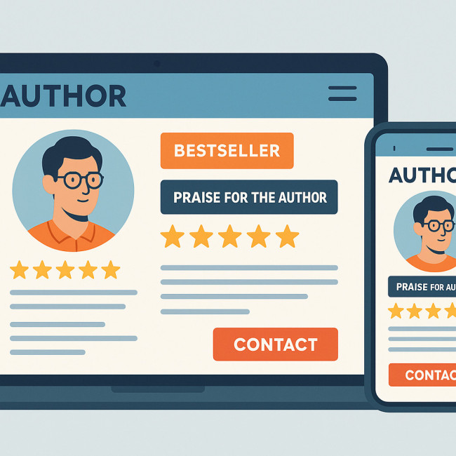 illustration of author bio with reader reviews and press quotes