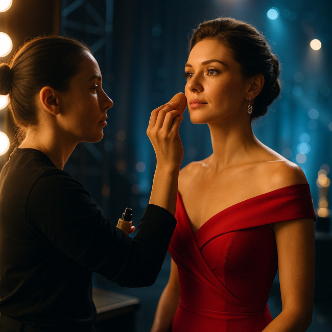 makeup artist applies foundation backstage at awards night