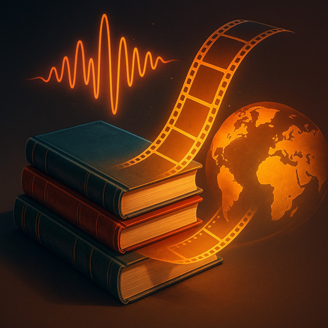 Illustration of dormant book titles branching into audio, film and foreign markets