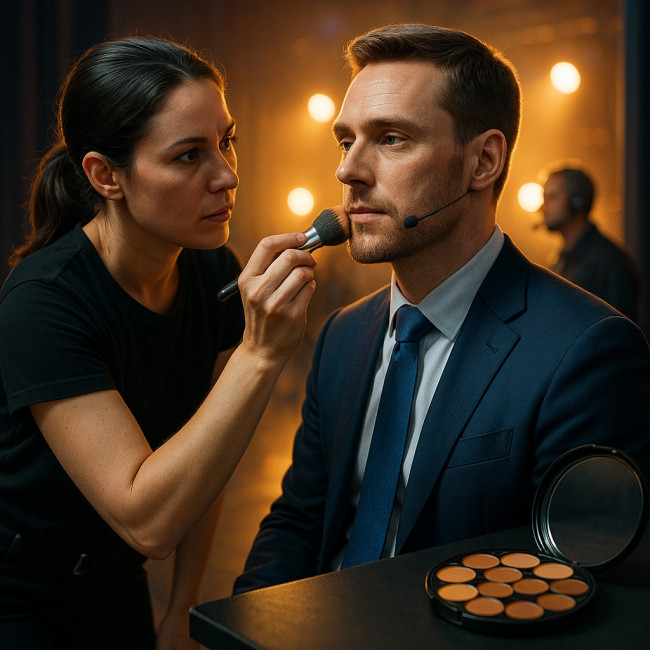 Makeup artist quickly preparing speaker backstage