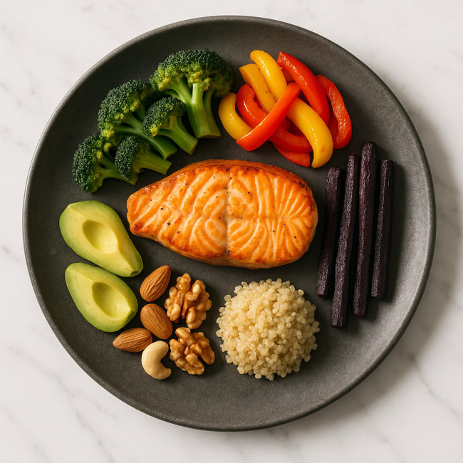 Colorful balanced 3-2-1 meal on plate