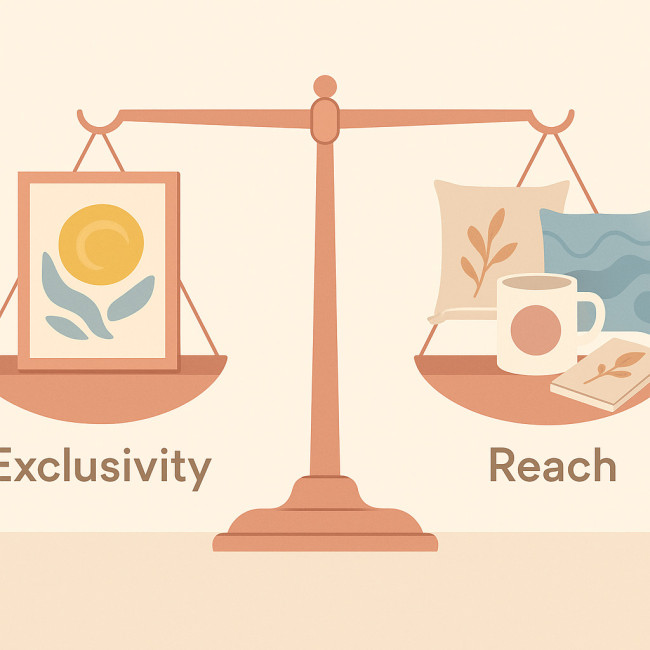 Illustration of scale balancing exclusivity and reach in art licensing