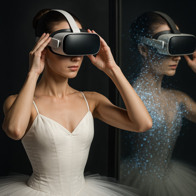 ballerina adjusting VR headset