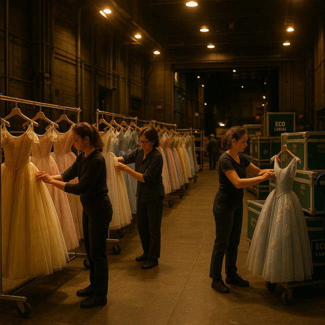 Backstage scene with rented ballet costumes on racks and compact crates