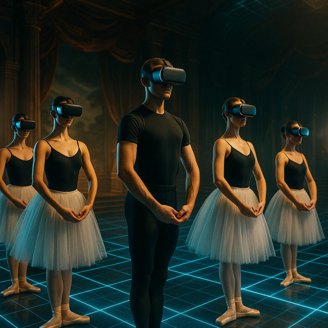 ballet dancers wearing VR headsets during rehearsal