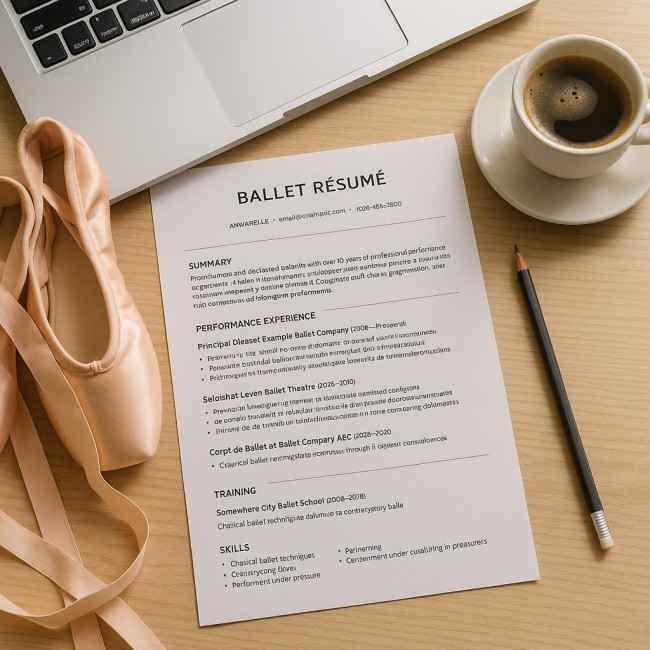 flat lay photo of ballet résumé with pointe shoes and coffee cup