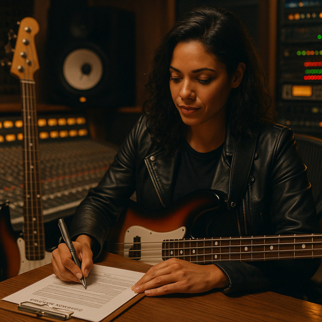 Bass player signing session contract in studio