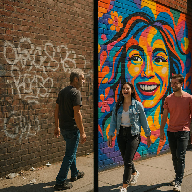 split-screen before and after street art wall transformation