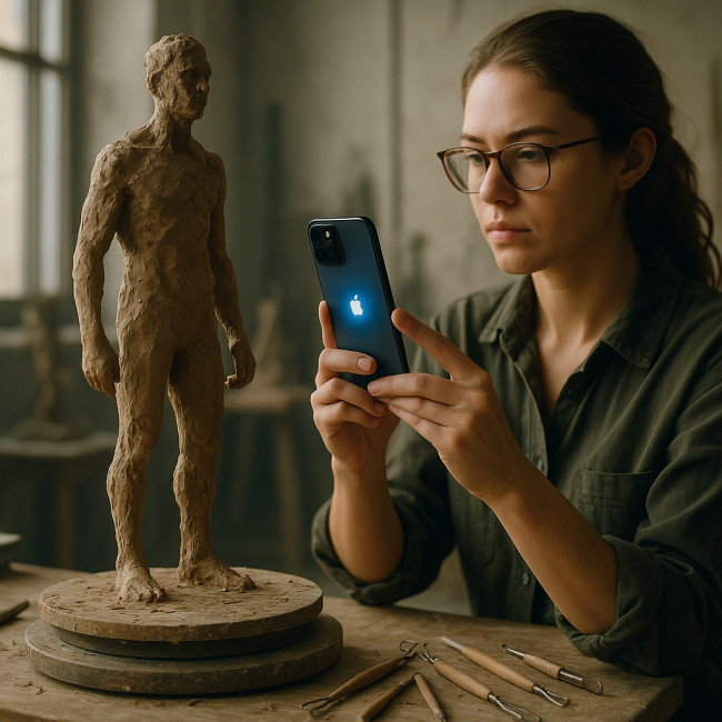 sculptor scanning clay maquette with iphone