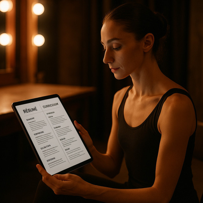 dancer checking bilingual résumé backstage