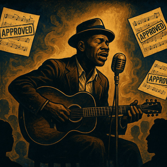 Blues musician on stage with symbolic licensed music documents