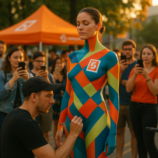 Model painted in corporate colors during brand activation