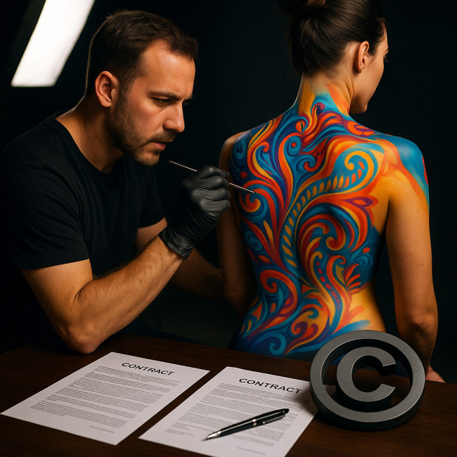 body painter works beside legal documents