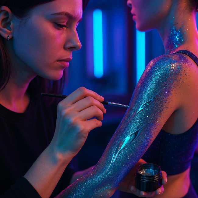 Futuristic body-painting maquilleur applying chrome and bio-glitter
