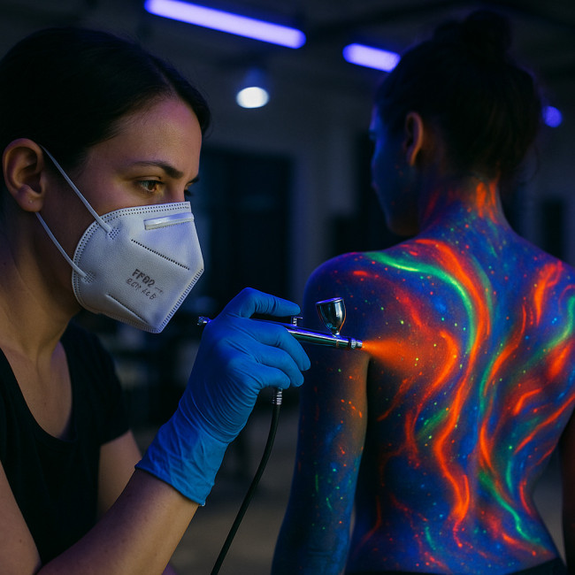 Artist applies fluorescent paint under UV light with protective gear