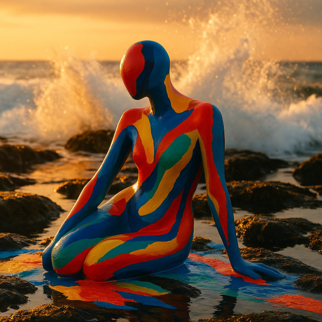 Makeup artist airbrushing waterproof paint in tide pools
