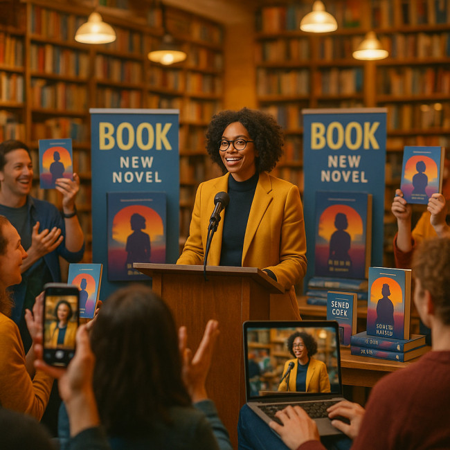 Modern hybrid book launch with author and audience
