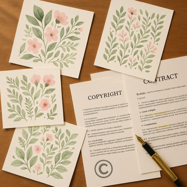 artist desk with floral sketches and legal documents