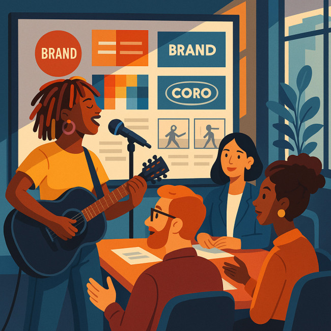 Singer strategizing brand partnership in a creative agency boardroom