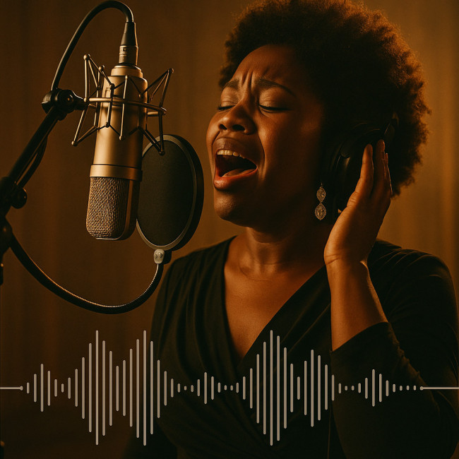 Gospel vocalist recording brand reel in studio