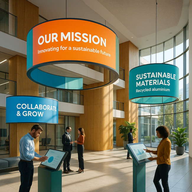 Ultra-realistic branded corporate lobby interior