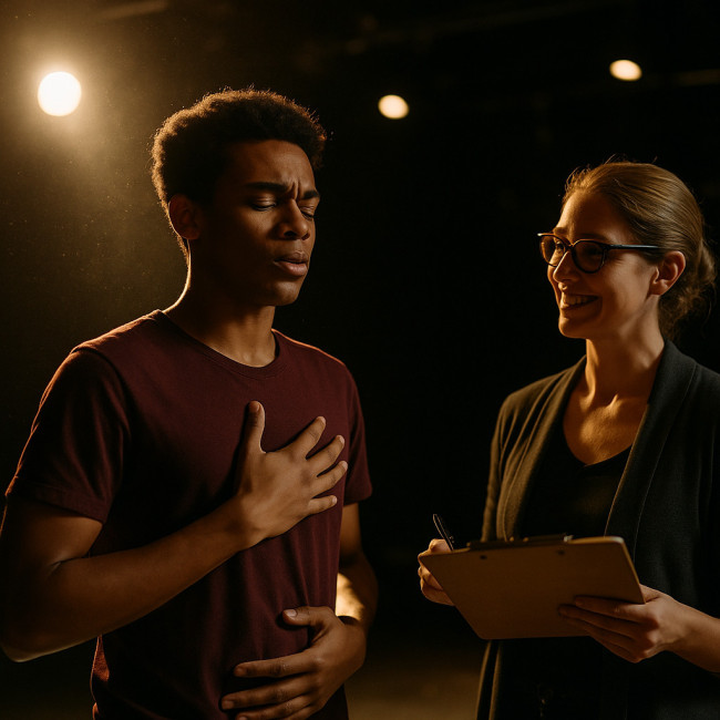 Actor practising deep breathing with vocal coach on stage