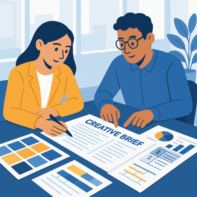 Illustration of marketer and artvertiser refining a budget-smart creative brief