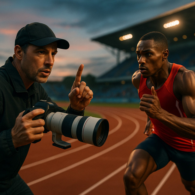 Photographer signaling elite sprinter during intense track photo shoot