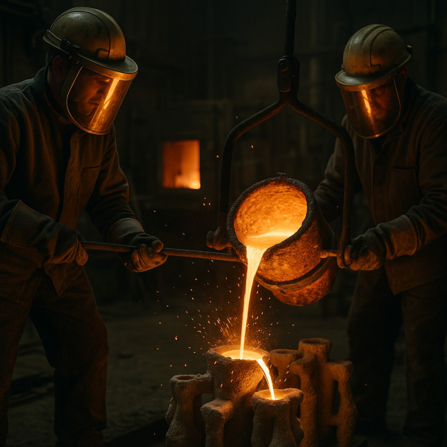Artisans pour molten bronze in a foundry
