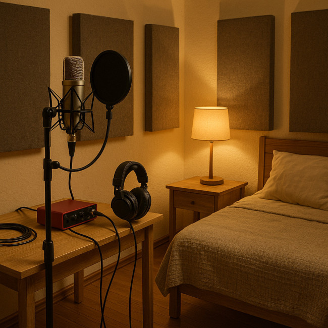 budget bedroom studio with microphone headphones and interface